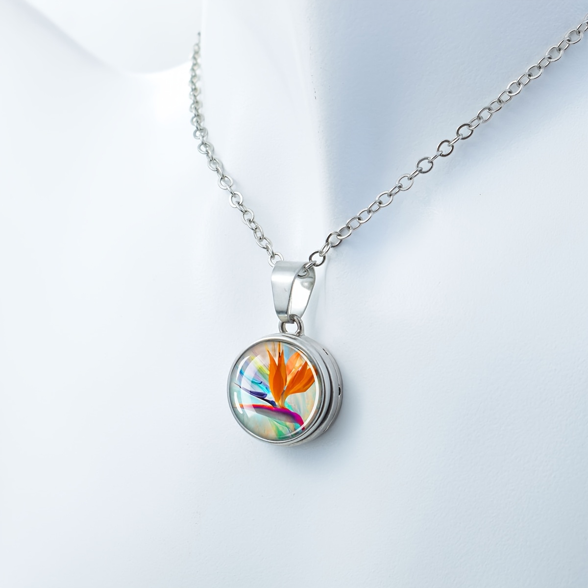 Tropical Flower Design Dome Glass Button Necklace